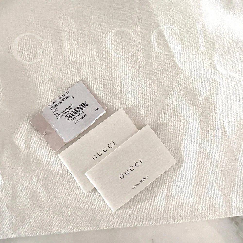 Gucci Blue Leather Drawstring Tote Bag With Tonal Double G Logo NWT